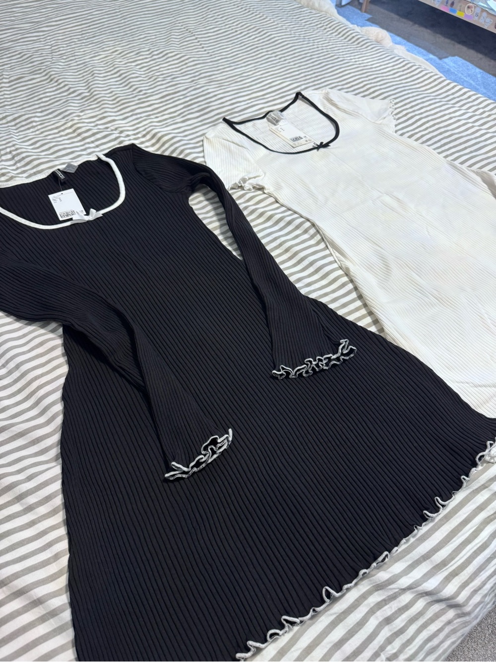 H&M Ribbed Mini Dress Duo in Black & White with Contrast Trim